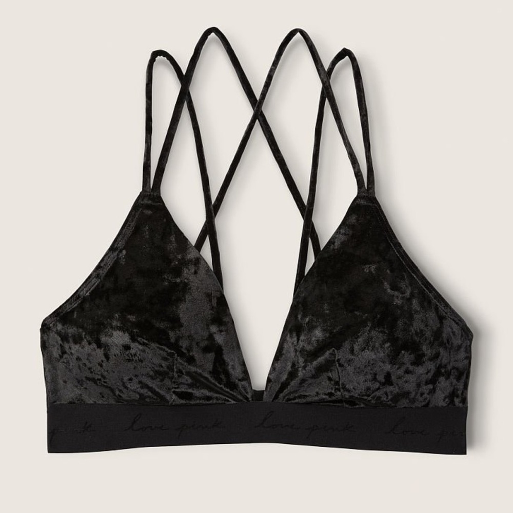 Victoria Secret Pink black velvet padded bralette with logo band & strappy back